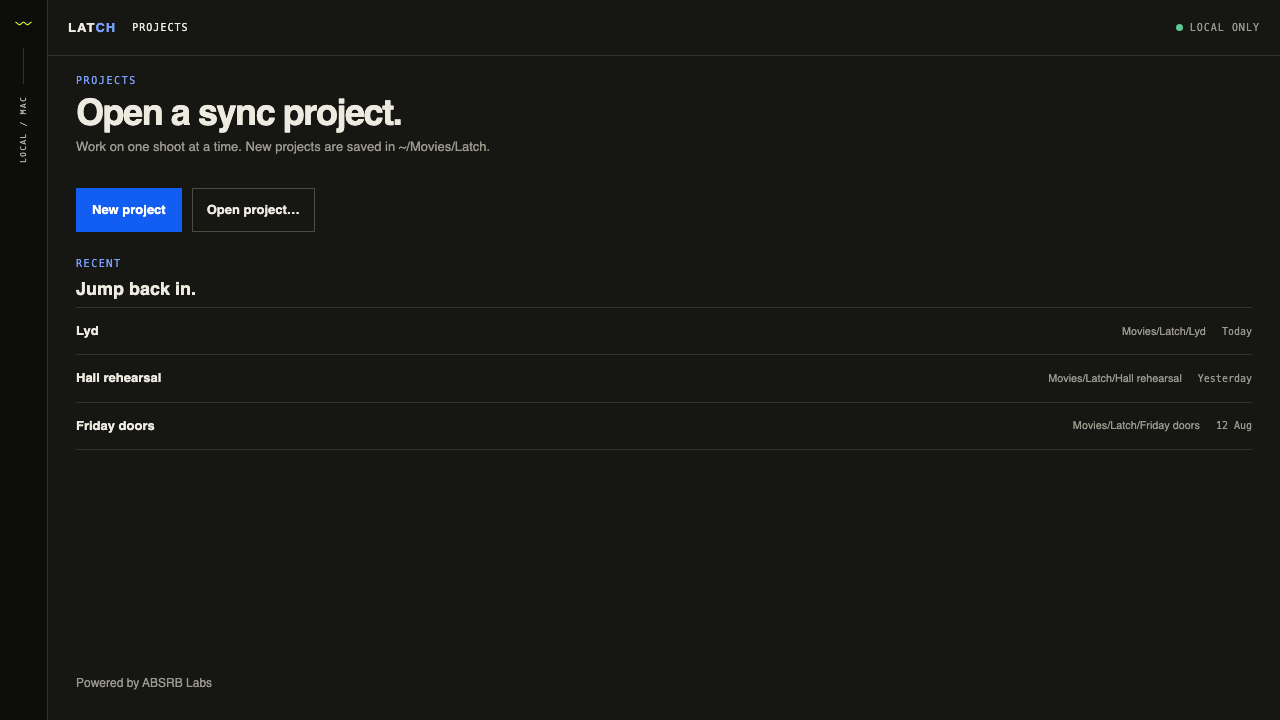 Latch Projects home with New project and recent folders